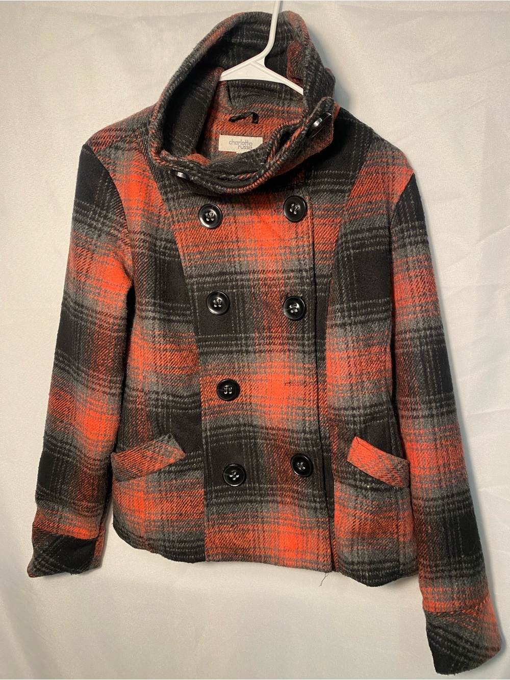 Y2K Charlotte Russe Pea Coat Orange & Black Plaid Double-Breasted
